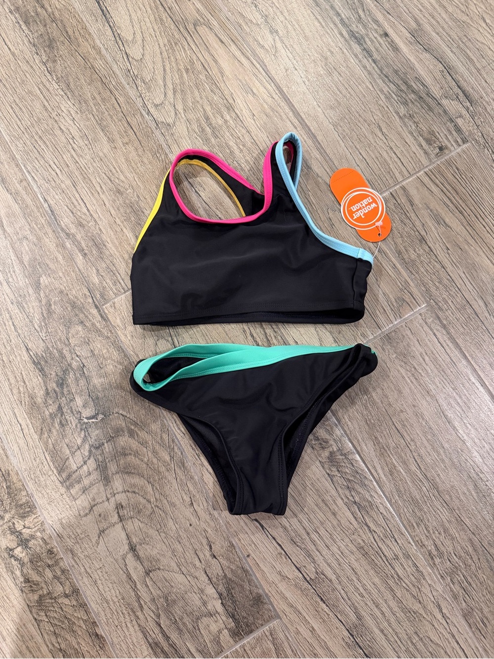 Wonder Nation Brand Black Girls' Two-Piece Sport Bikini with Multicolor Trim